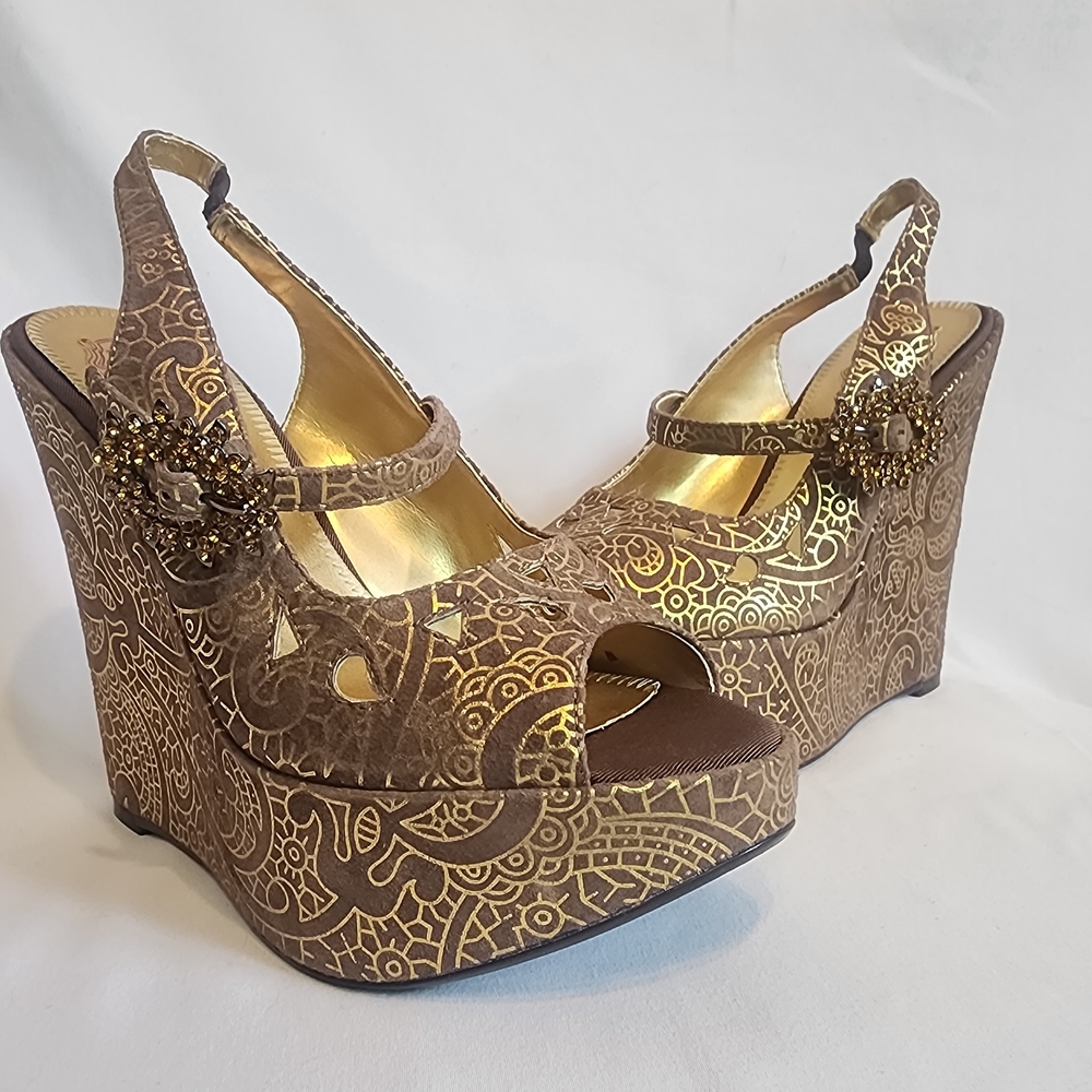 Hale Bob Brown and Gold Patterned Wedges